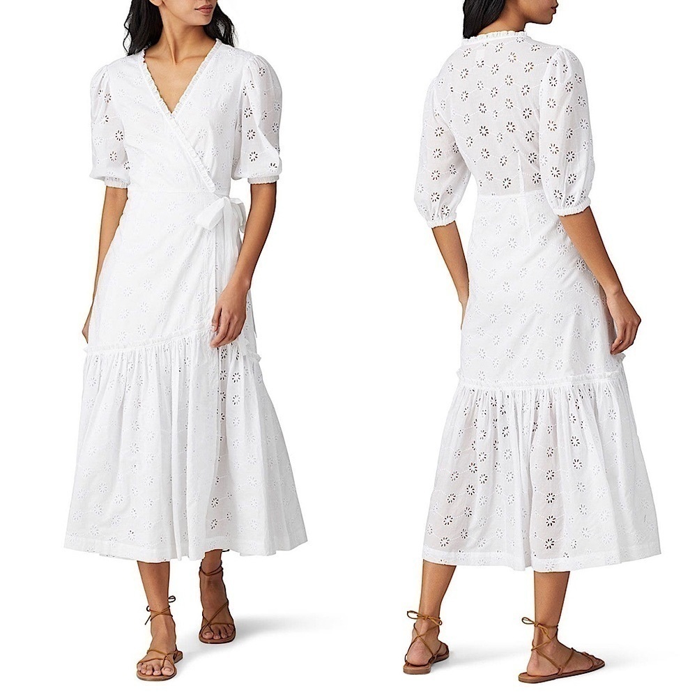 REBECCA TAYLOR Floral Eyelet Puff Short Sleeve Ruffle Hem Midi Wrap Tie Dress S